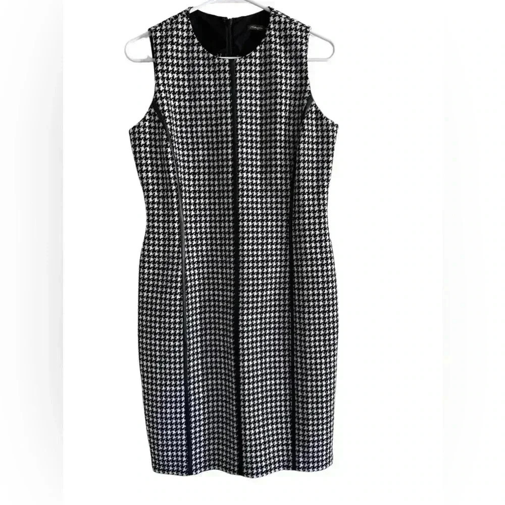 J.McLaughlin Scuba Knit Sheath Houndstooth Vegan Leather Piping Catalina…